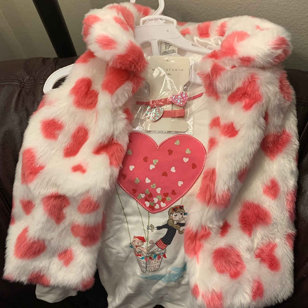 Max Studio Pink and White Heart Fur Vest Matching Set for Kids